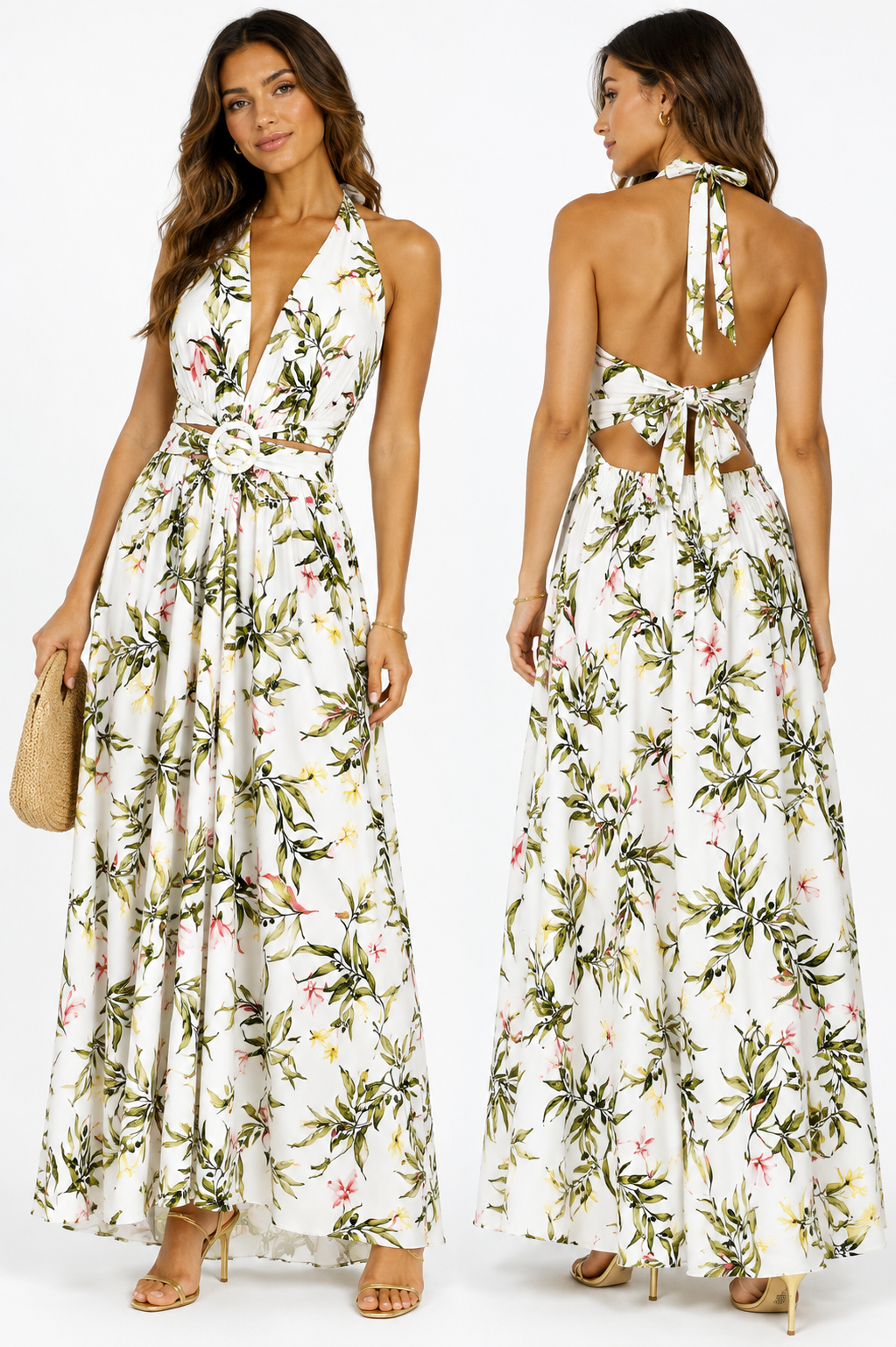 Vestido Largo Floral Halter Espalda Descubierta