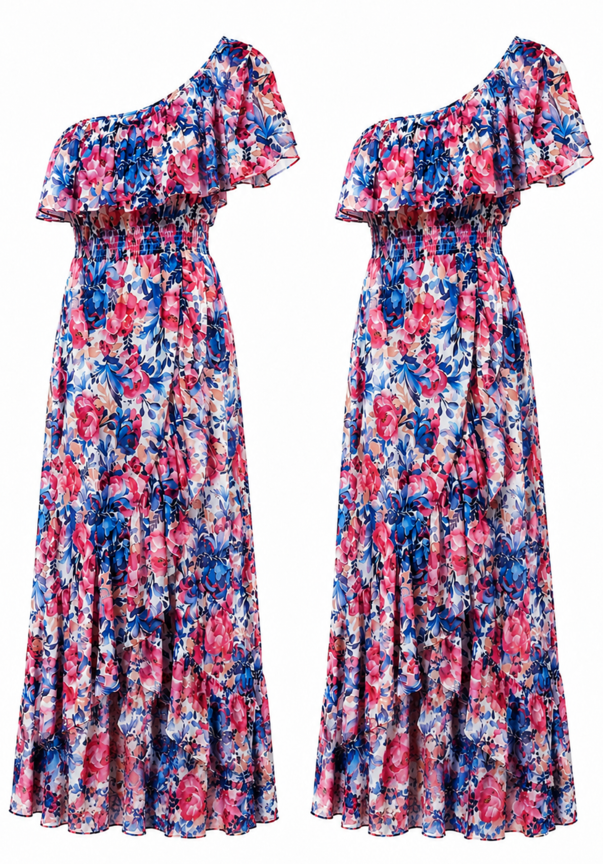 Vestido Largo Asimétrico Floral Volante Rosa & Azul