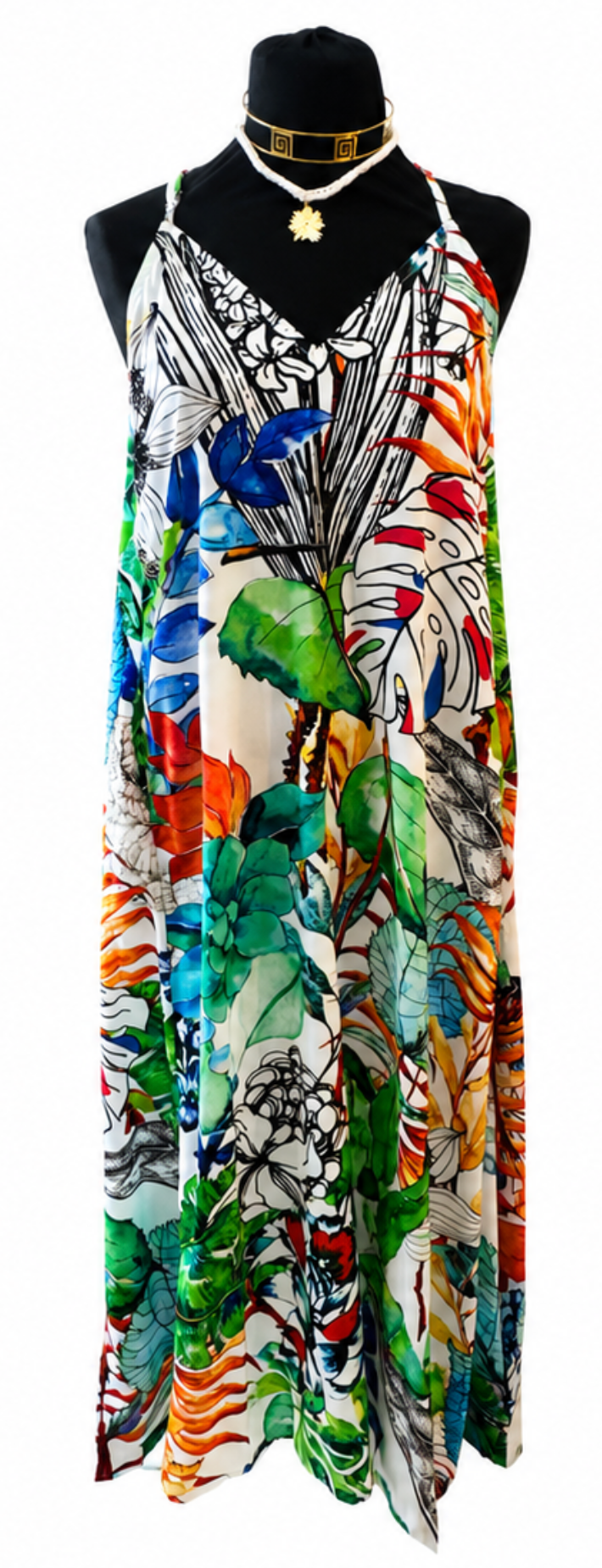 Vestido Largo Tropical Multicolor | Escote en Pico y Espalda Cruzada