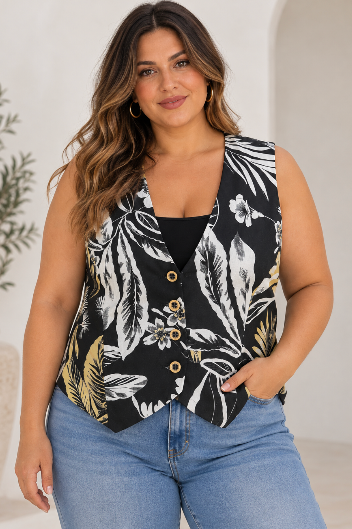 Chaleco Tropical Negro y Dorado