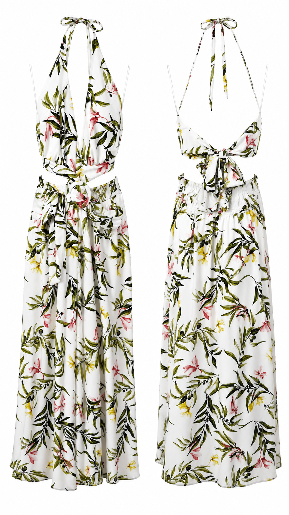 Vestido Largo Floral Halter Espalda Descubierta