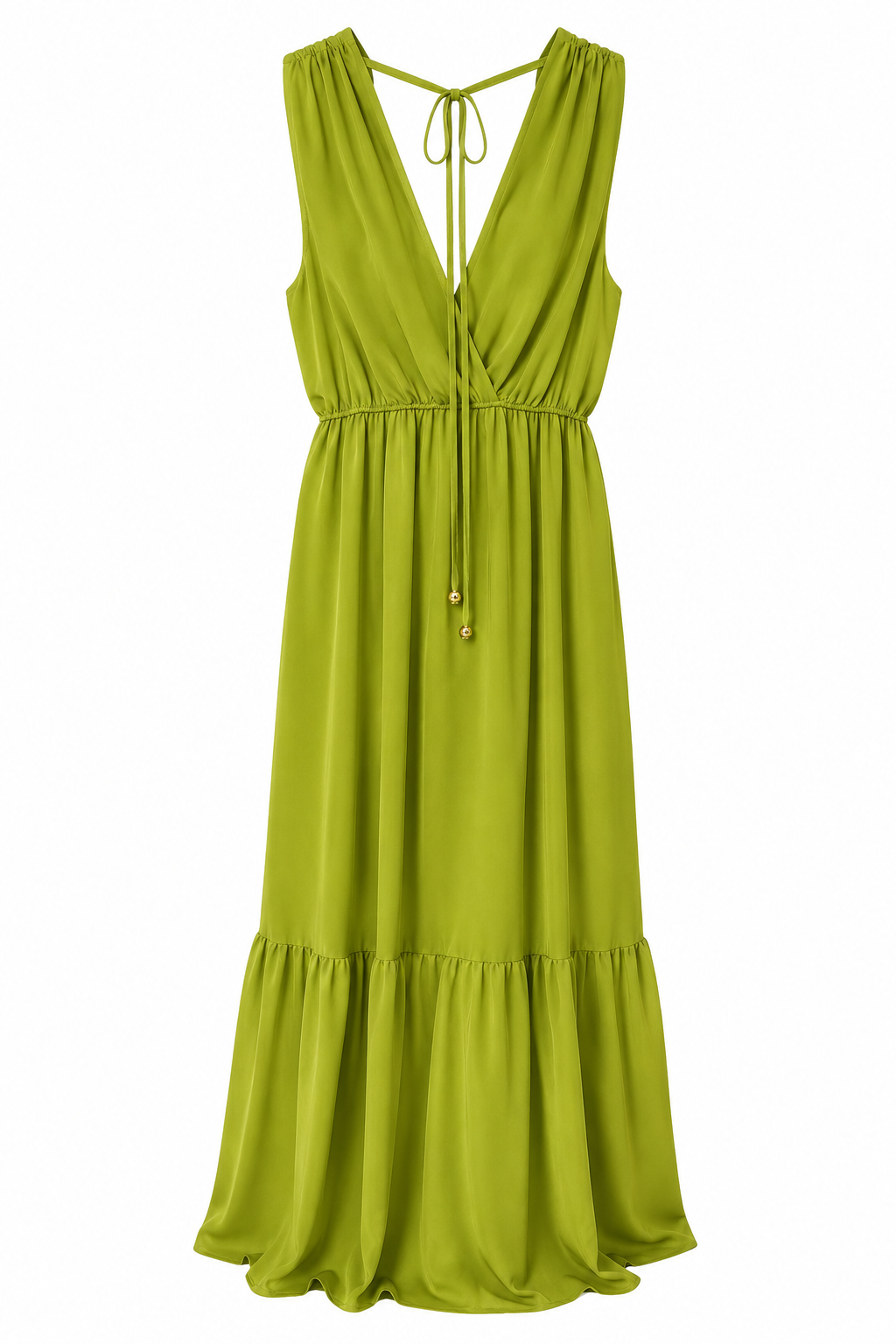 Vestido Largo Fluido Verde Lima con Escote Cruzado