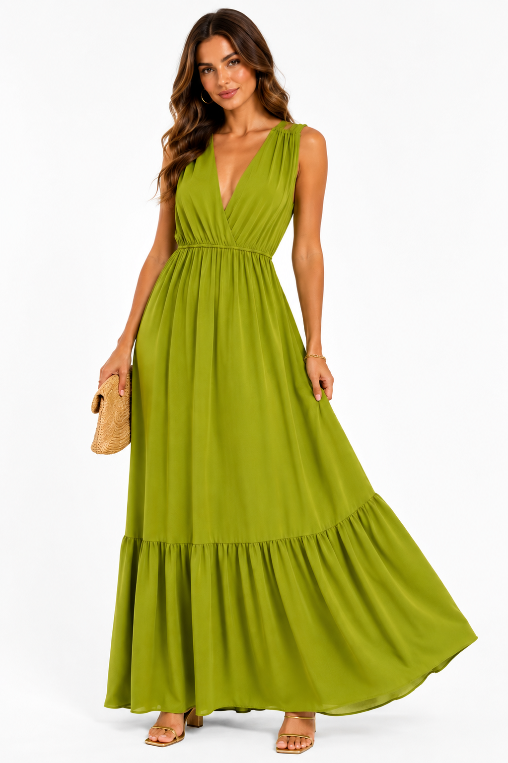 Vestido Largo Fluido Verde Lima con Escote Cruzado