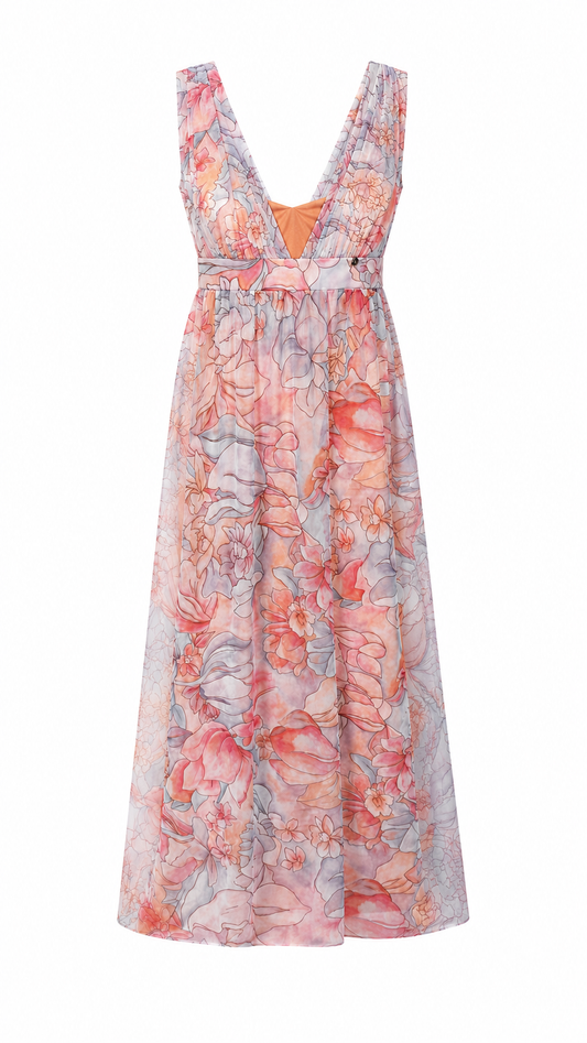 Vestido Midi Floral Pastel con Escote Profundo