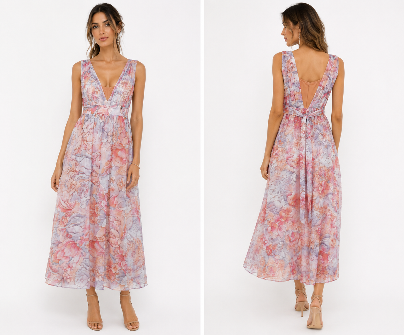 Vestido Midi Floral Pastel con Escote Profundo
