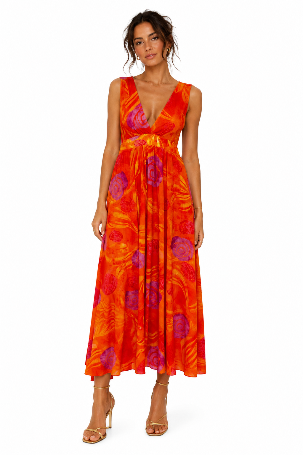 Vestido Largo Estampado Tropical Naranja con Escote Cruzado