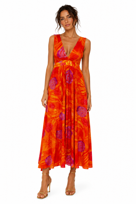 Vestido Largo Estampado Tropical Naranja con Escote Cruzado