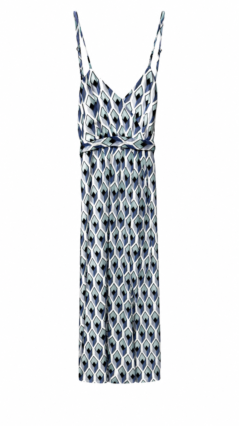 Vestido Largo Estampado Geométrico Azul con Tirantes Finos