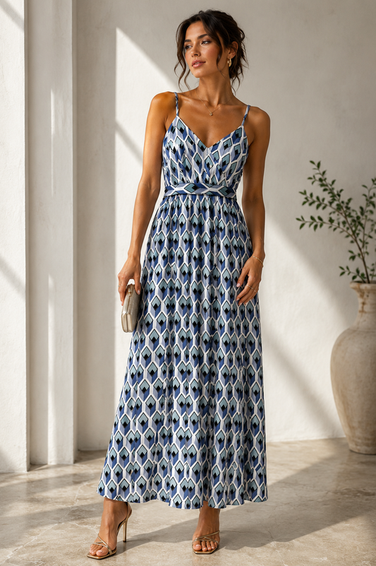 Vestido Largo Estampado Geométrico Azul con Tirantes Finos