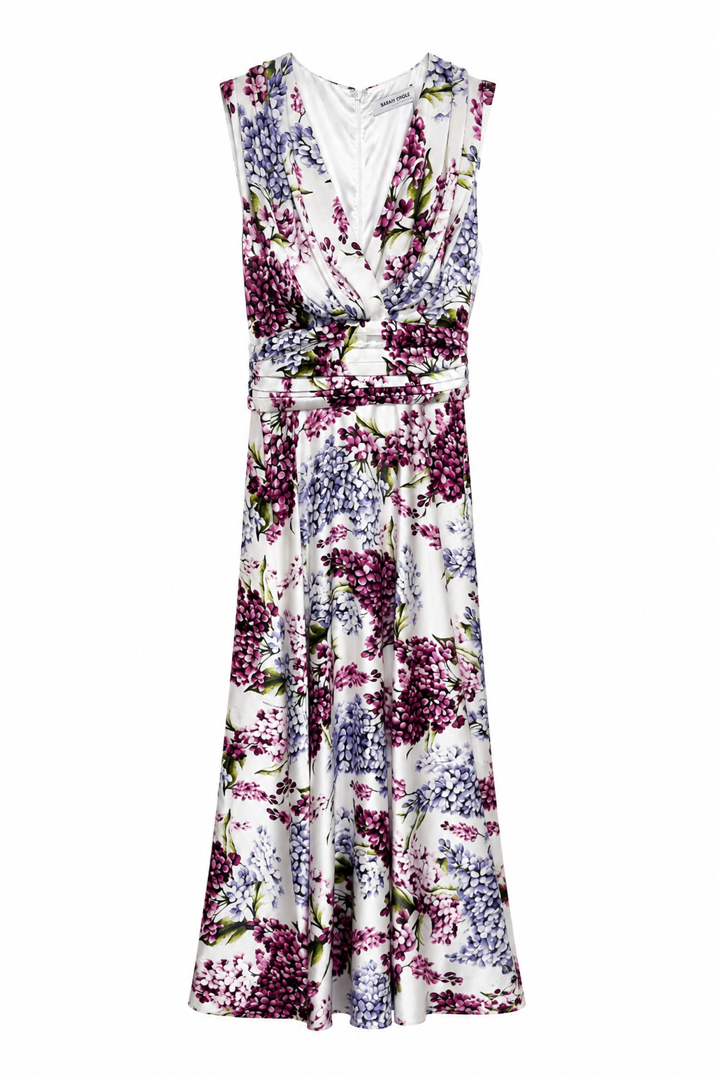 Vestido Largo Floral Satinado Blanco con Escote Cruzado