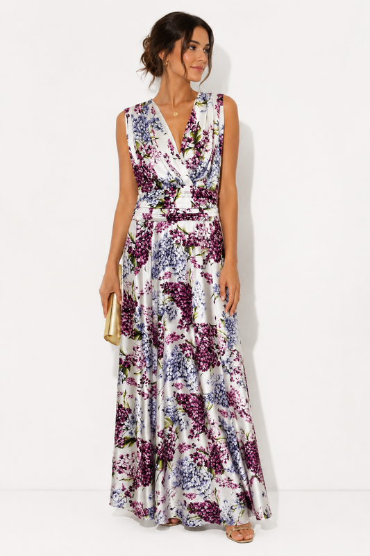 Vestido Largo Floral Satinado Blanco con Escote Cruzado