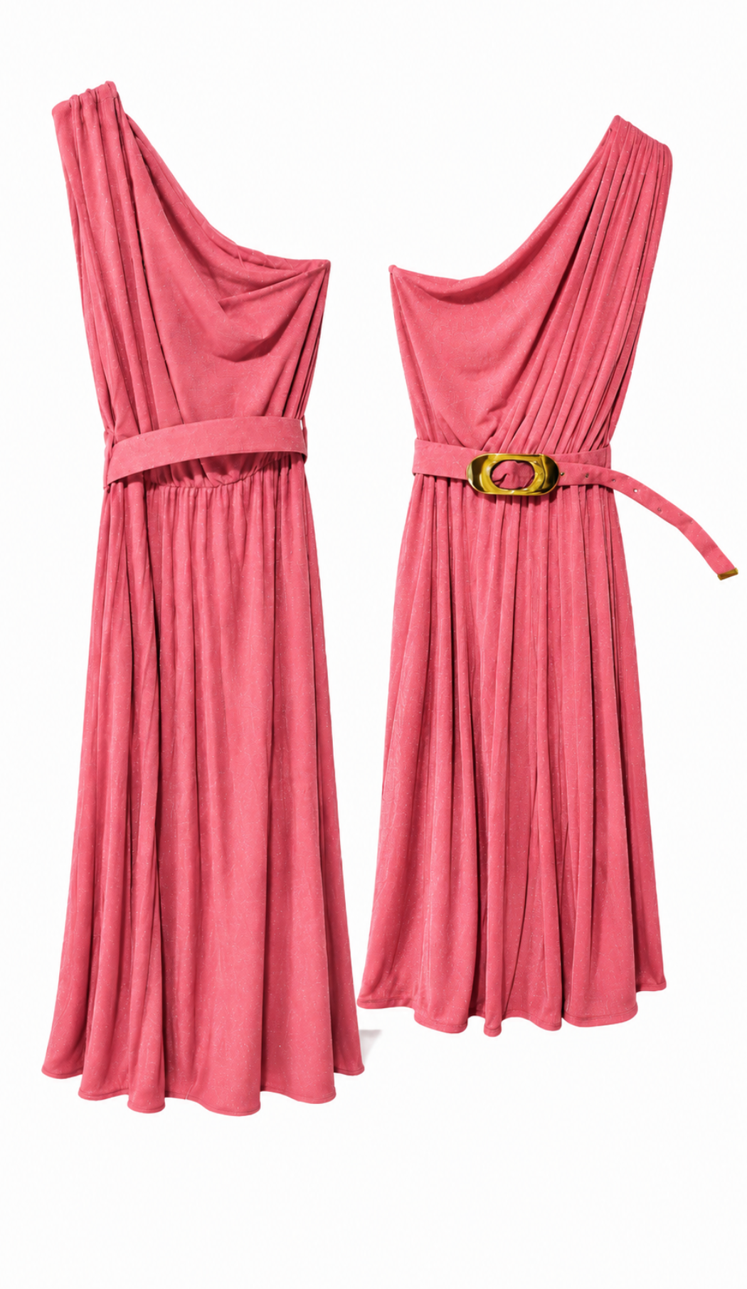 Vestido Largo Asimétrico Coral Brillante con Cinturón Dorado