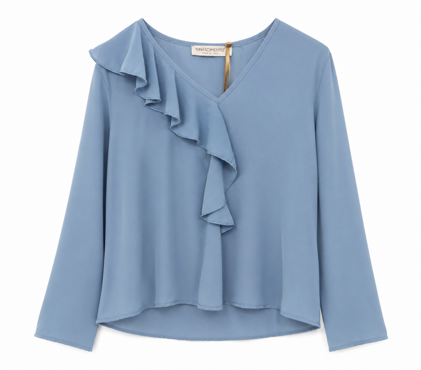 Blusa Celeste Volante Elegance – Detalle Dorado Espalda