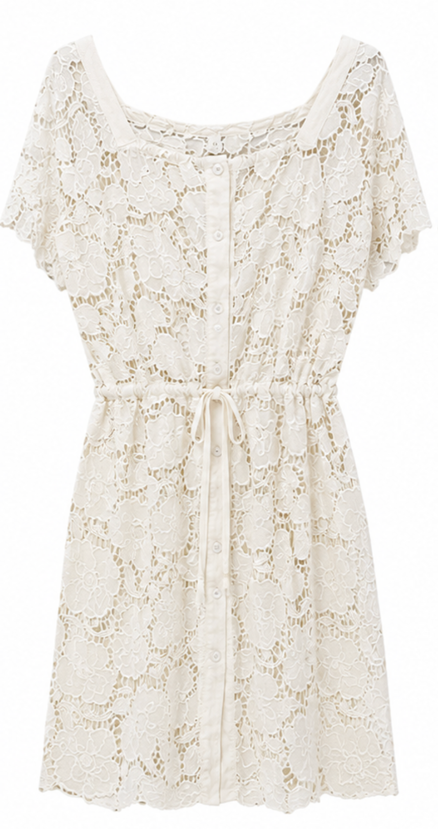 Vestido de Encaje Floral Marfil con Cintura Ajustable