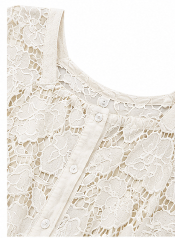 Vestido de Encaje Floral Marfil con Cintura Ajustable