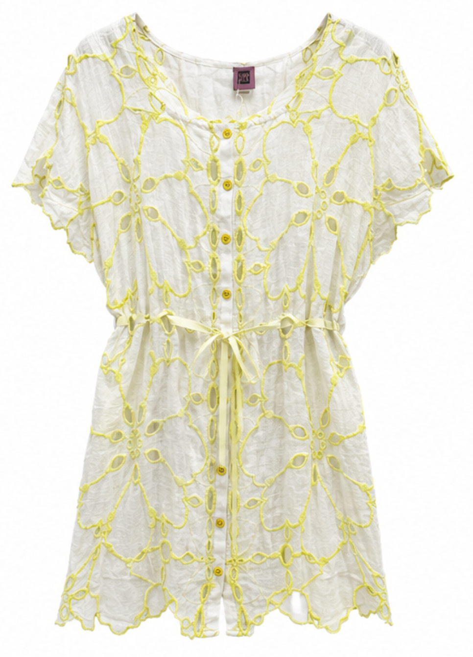 Vestido Bordado Floral Amarillo de Lino con Cinturón Ajustable