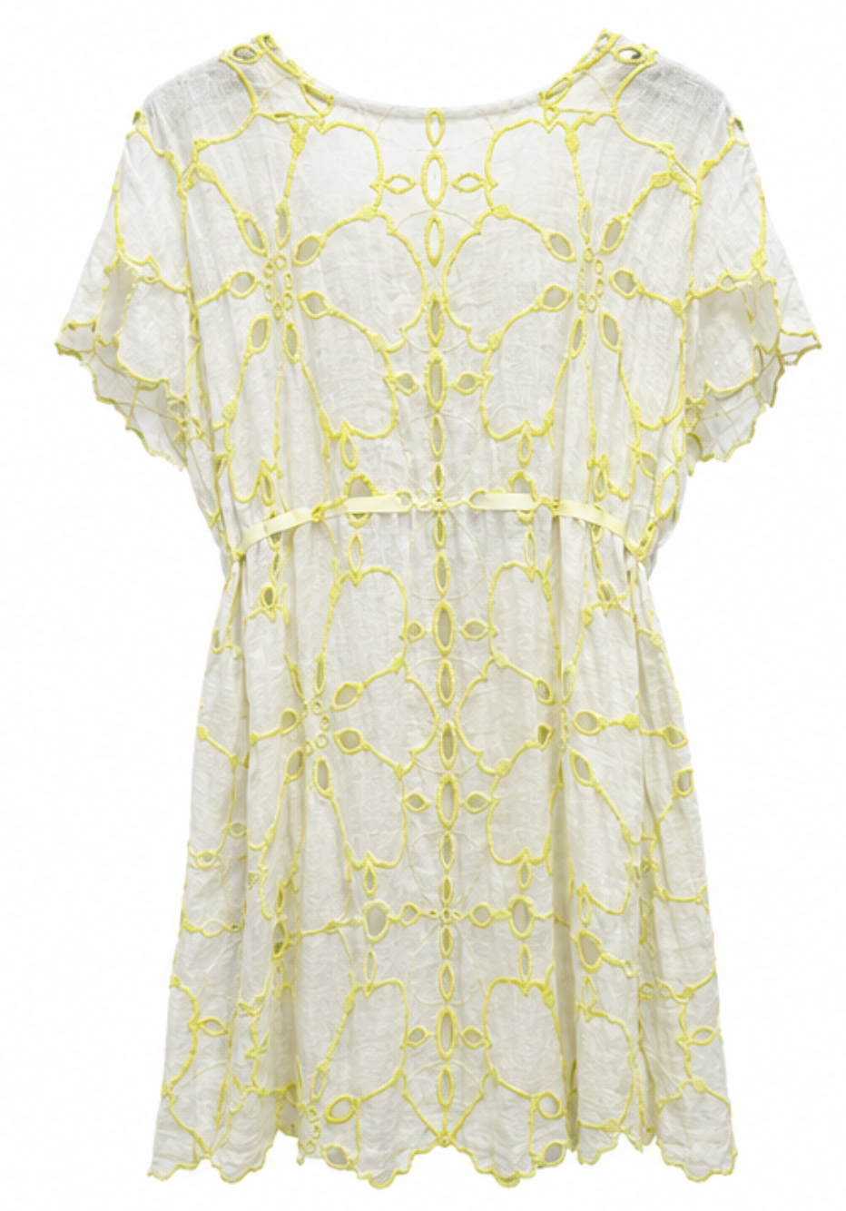 Vestido Bordado Floral Amarillo de Lino con Cinturón Ajustable