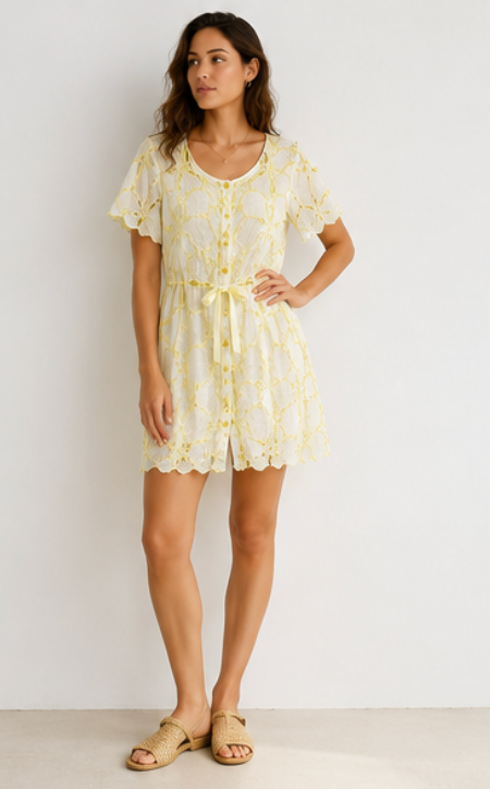 Vestido Bordado Floral Amarillo de Lino con Cinturón Ajustable