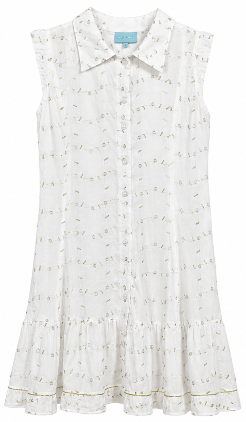 Vestido Blanco Bordado con Cuello Camisero y Volante