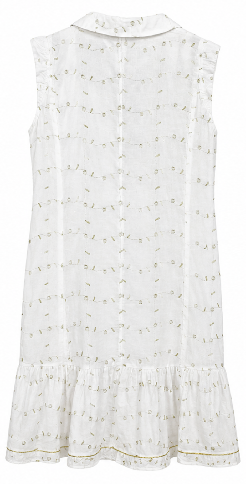 Vestido Blanco Bordado con Cuello Camisero y Volante