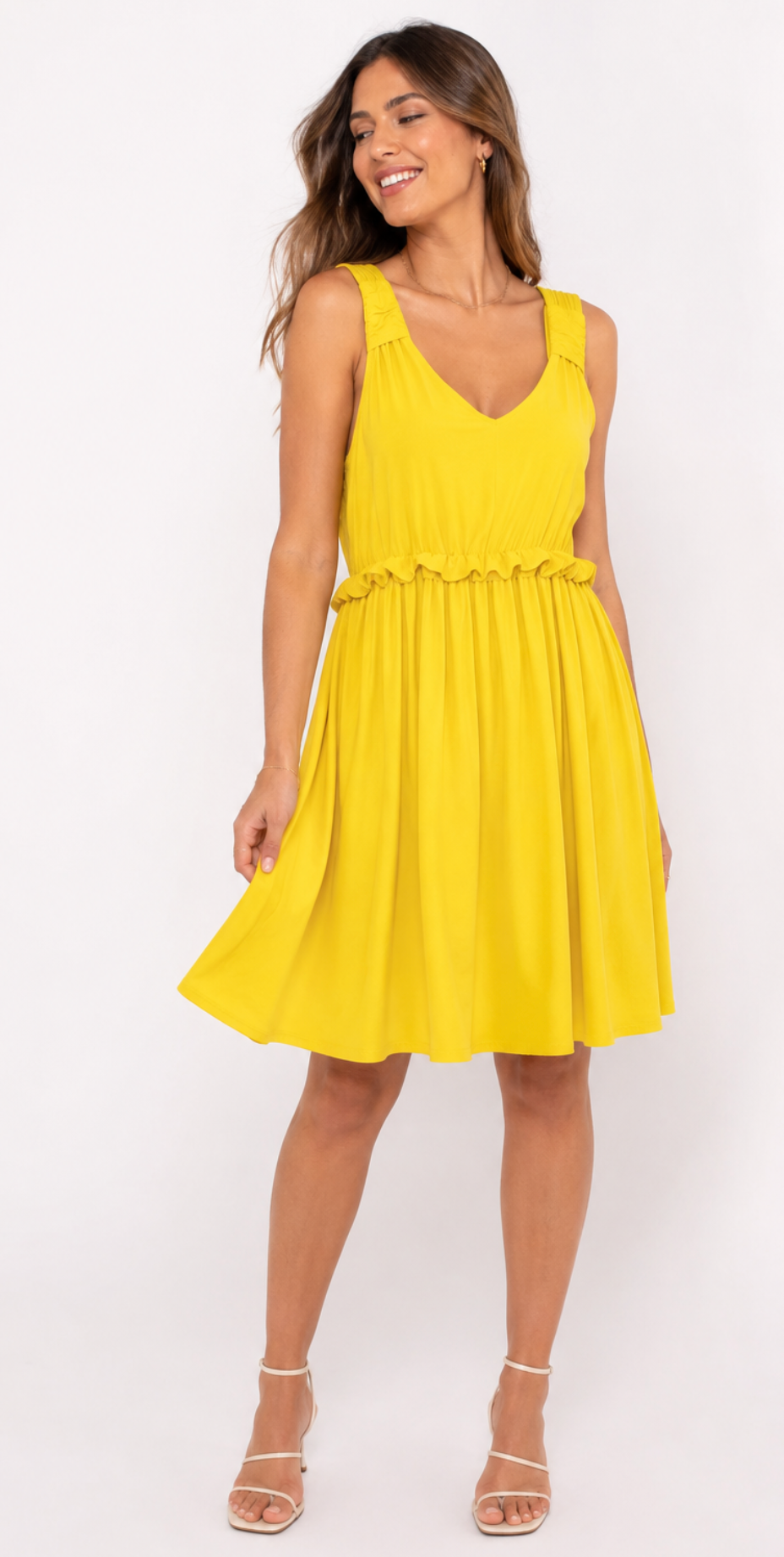 Vestido Fluido Amarillo con Detalle Fruncido