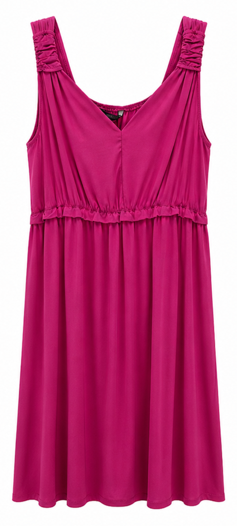 Vestido Fucsia Fluido con Escote en Pico y Tirantes Fruncidos