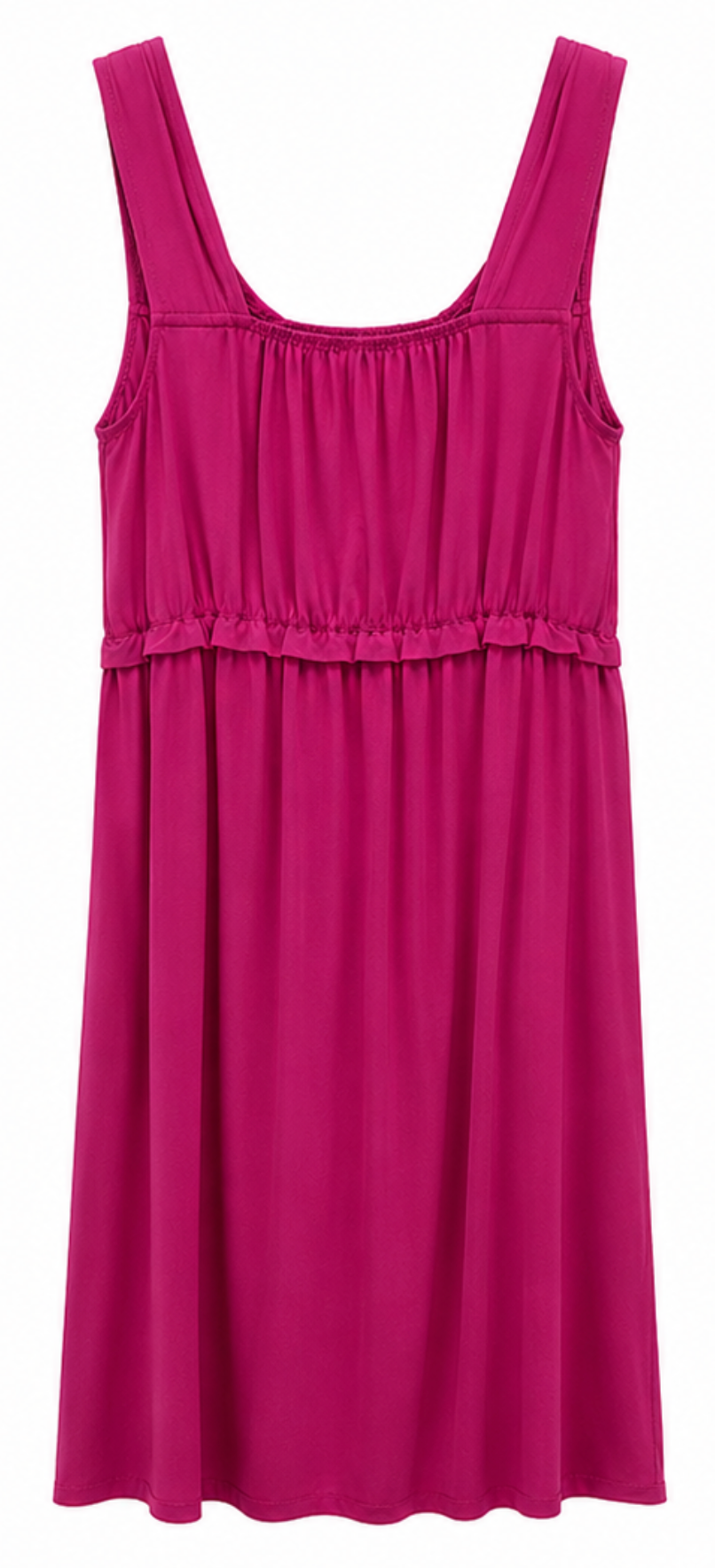 Vestido Fucsia Fluido con Escote en Pico y Tirantes Fruncidos