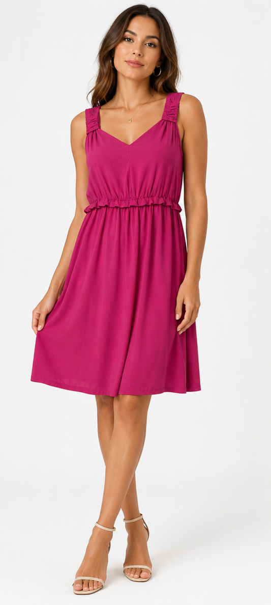 Vestido Fucsia Fluido con Escote en Pico y Tirantes Fruncidos
