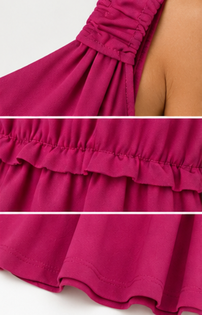 Vestido Fucsia Fluido con Escote en Pico y Tirantes Fruncidos