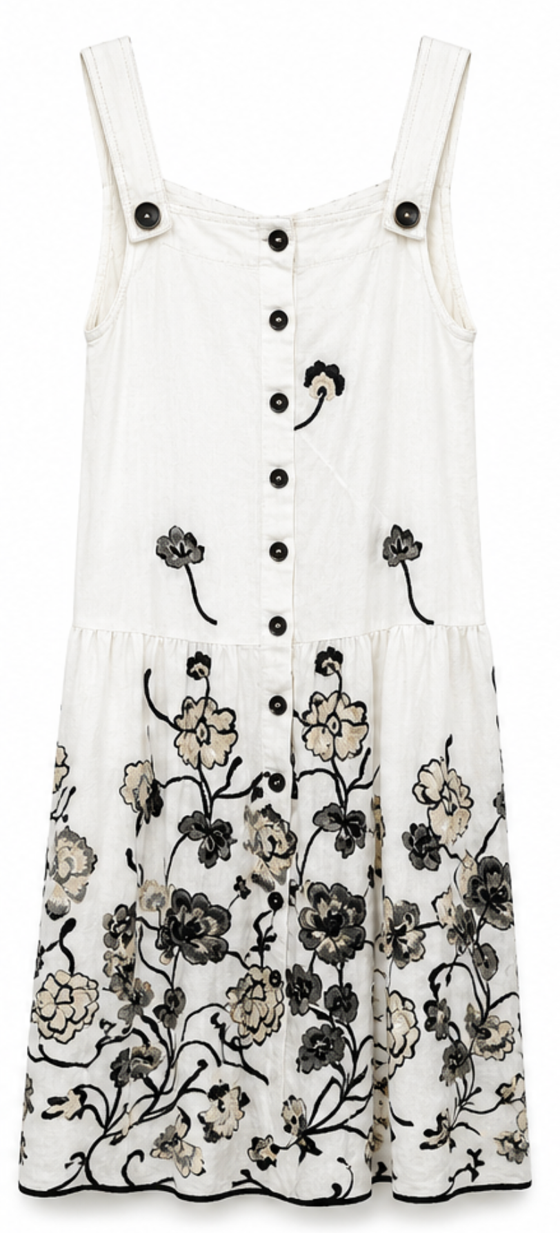 Vestido Blanco Bordado Floral con Botones