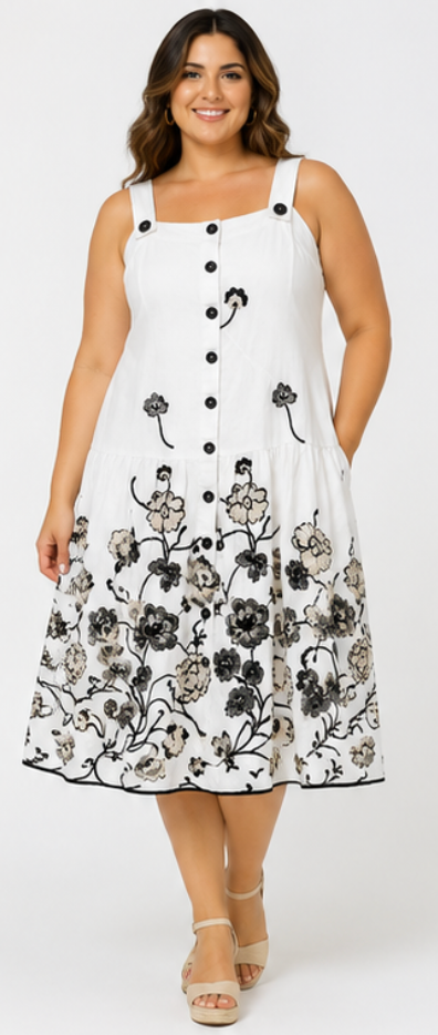 Vestido Blanco Bordado Floral con Botones