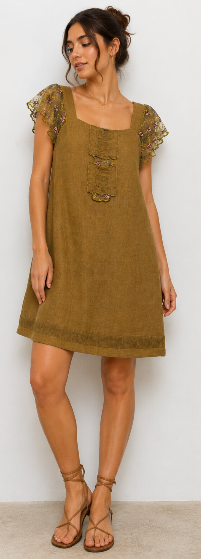 Vestido Lino Bordado Oliva