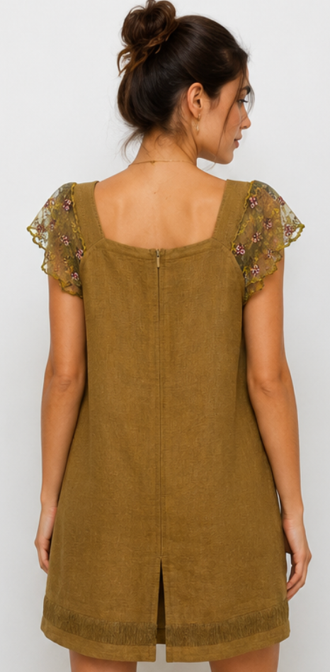 Vestido Lino Bordado Oliva