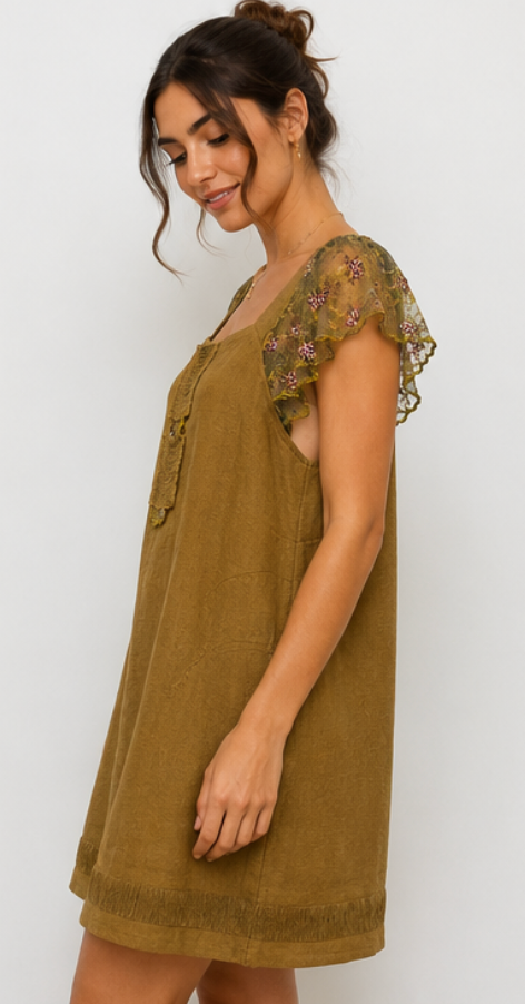 Vestido Lino Bordado Oliva