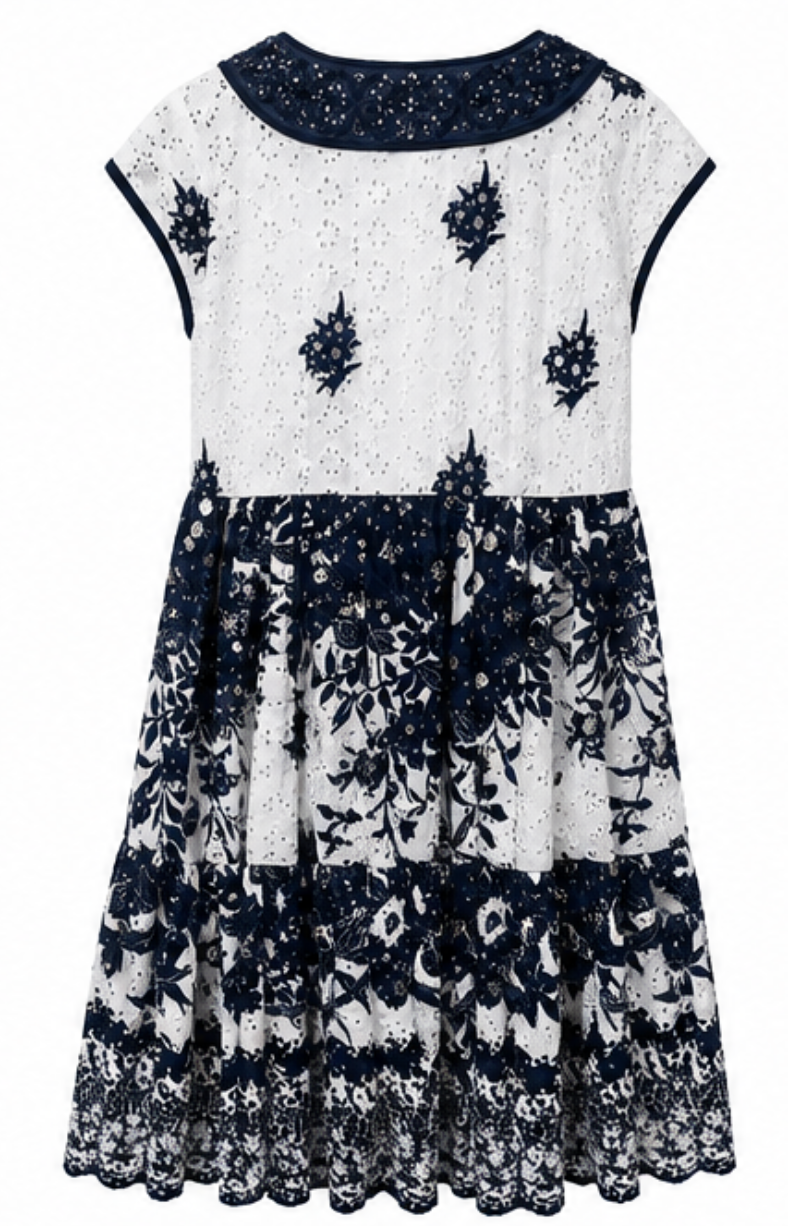 Vestido Bordado Bicolor con Lentejuelas y Escote en Pico