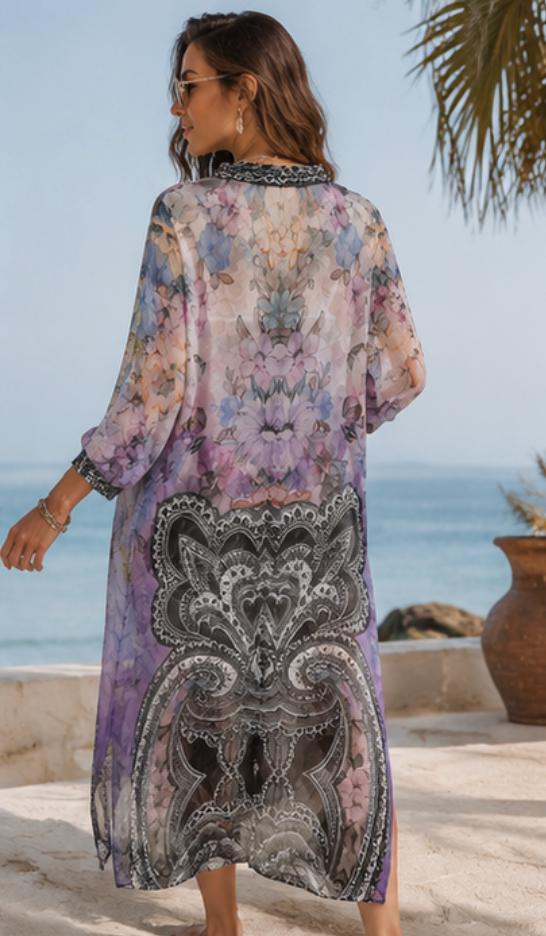 Vestido/Túnica Kaftán Boho Floral Malva