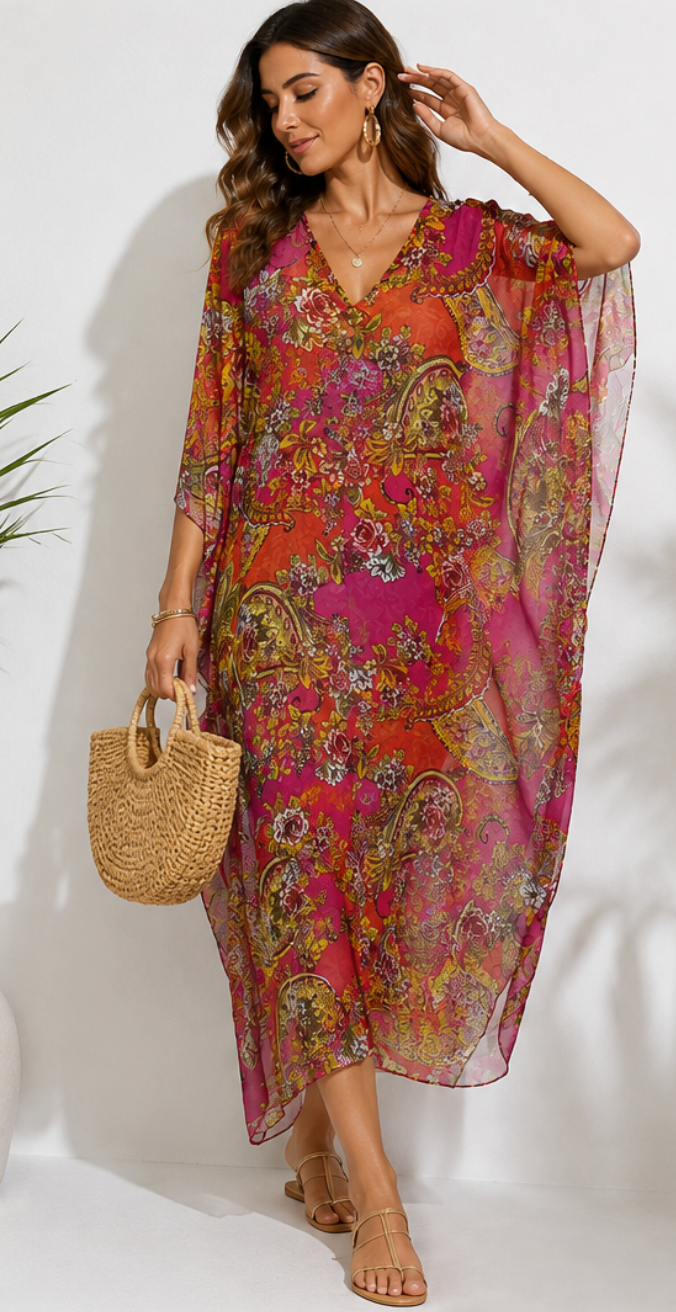 Vestido Kaftán Estampado Fucsia & Coral
