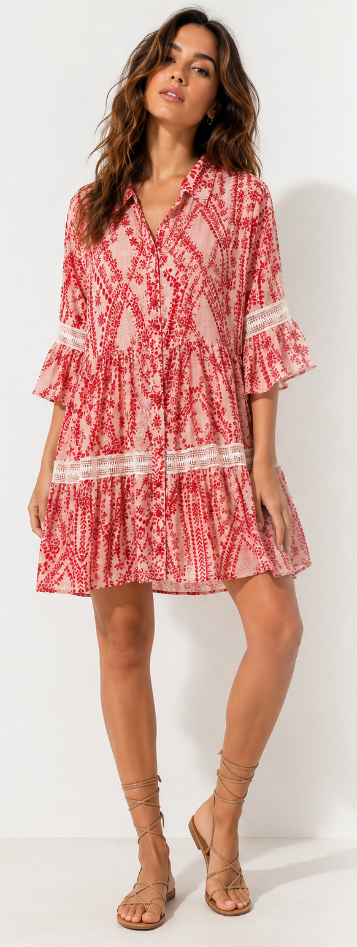 Vestido Camisero Boho Coral con Encaje
