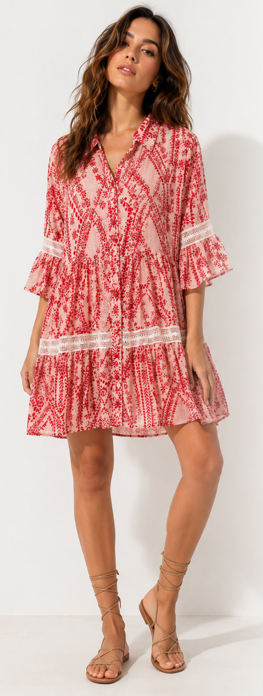 Vestido Camisero Boho Coral con Encaje