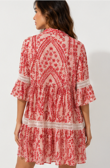 Vestido Camisero Boho Coral con Encaje