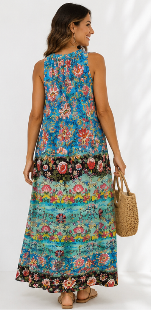 Vestido Largo Boho Floral Turquesa – Escote Halter