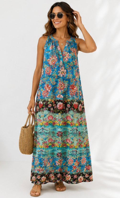 Vestido Largo Boho Floral Turquesa – Escote Halter