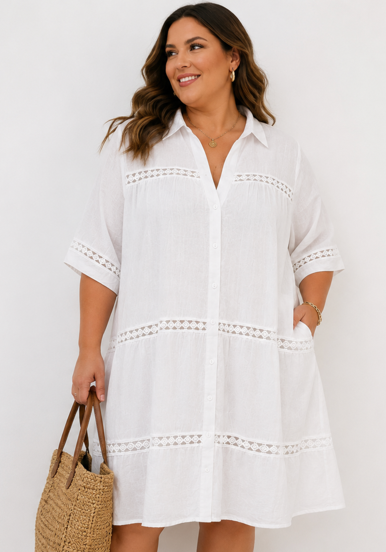 Vestido Camisero Blanco Calado – Elegancia Natural