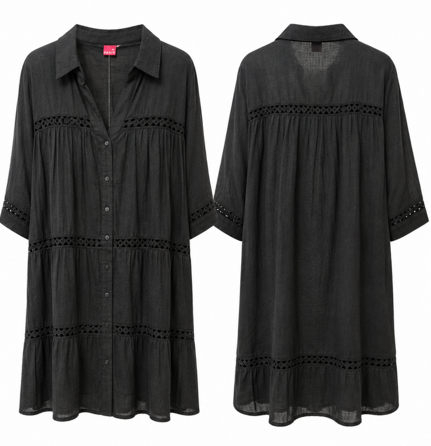 Vestido Camisero Negro Boho con Encaje