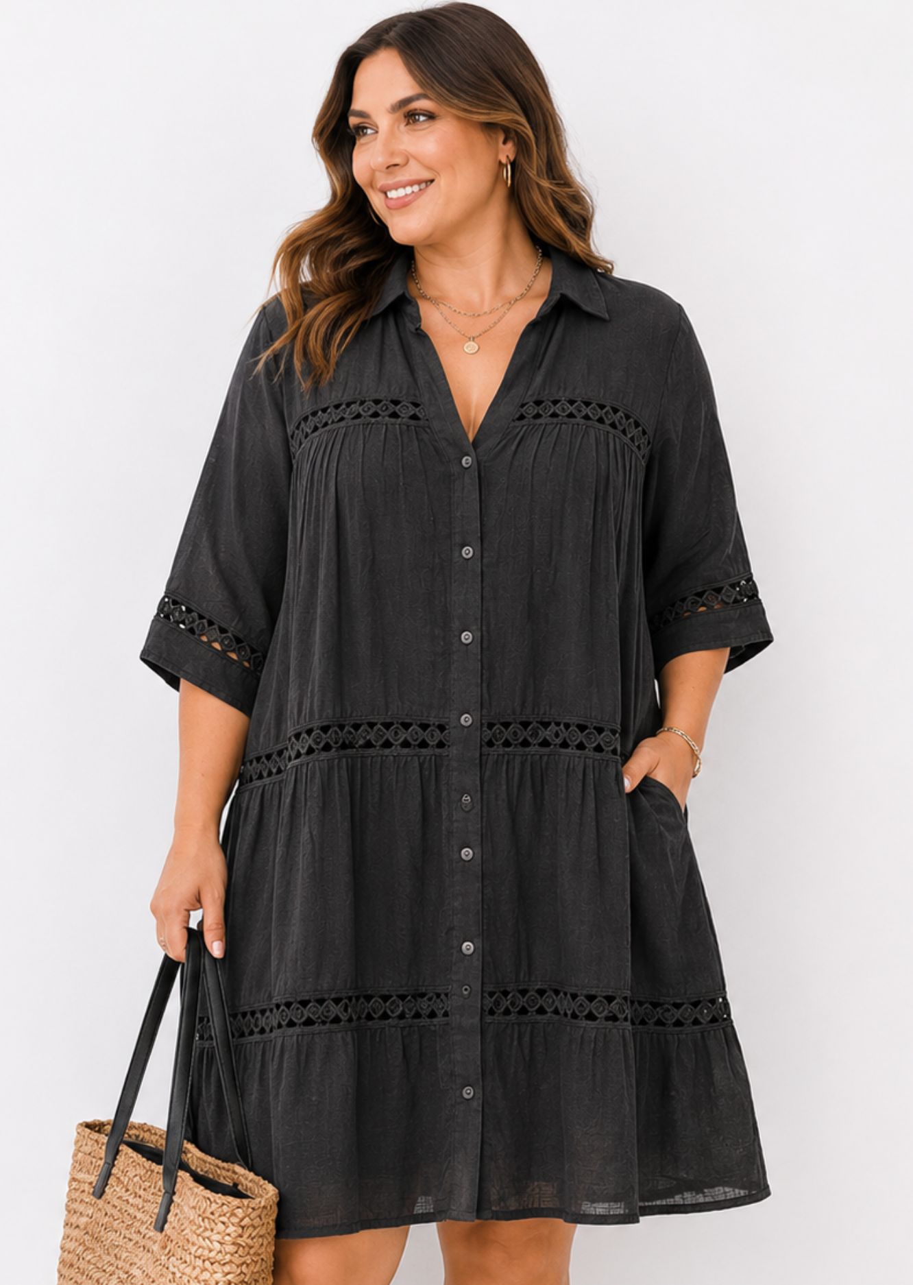 Vestido Camisero Negro Boho con Encaje