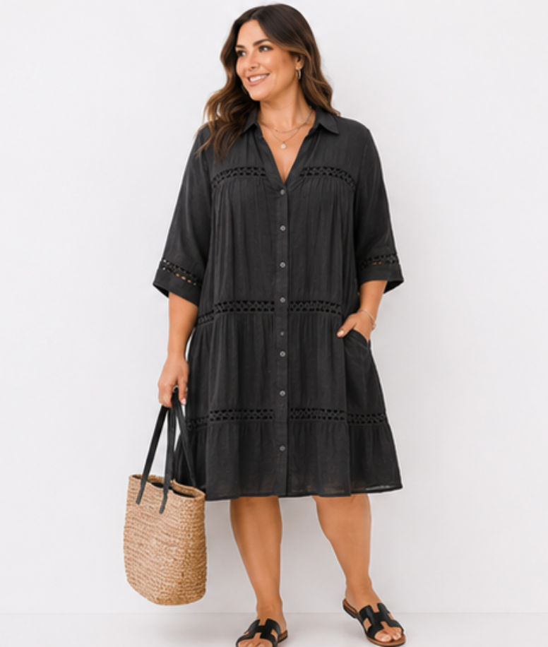 Vestido Camisero Negro Boho con Encaje