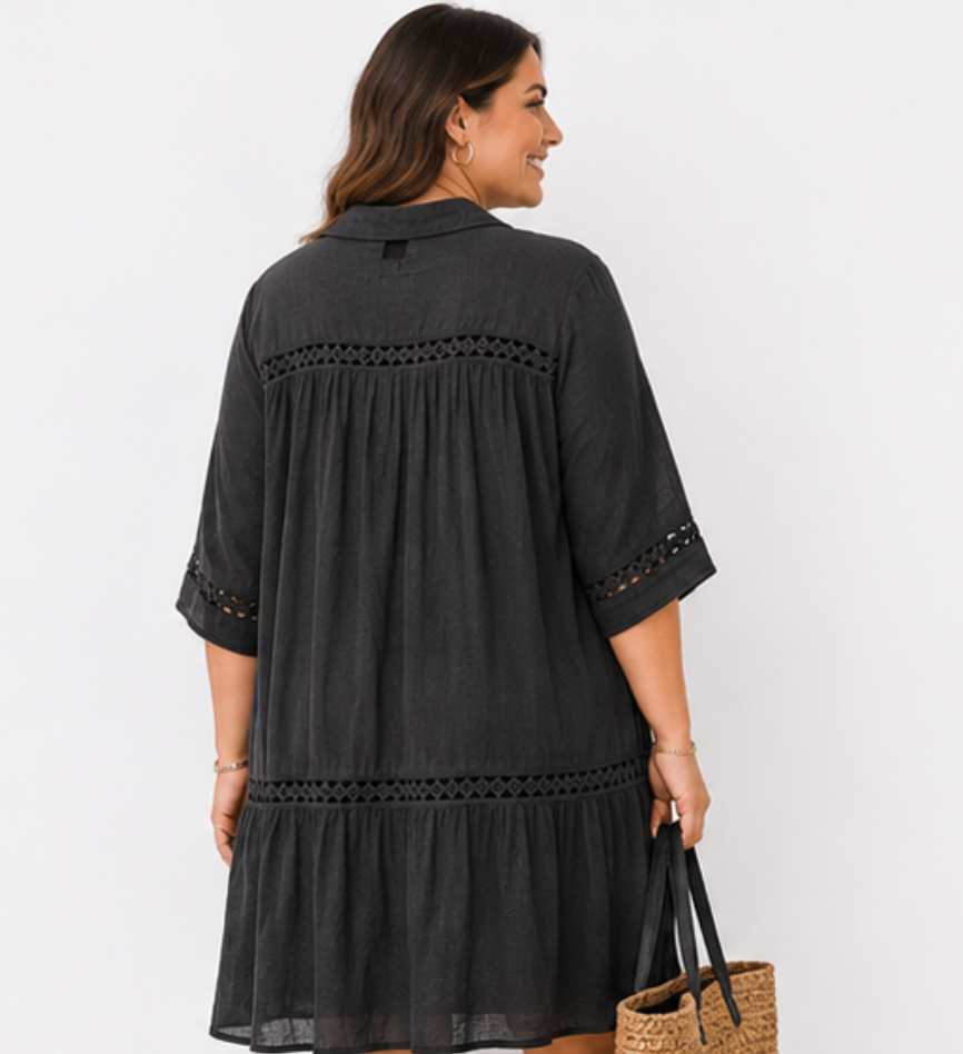 Vestido Camisero Negro Boho con Encaje