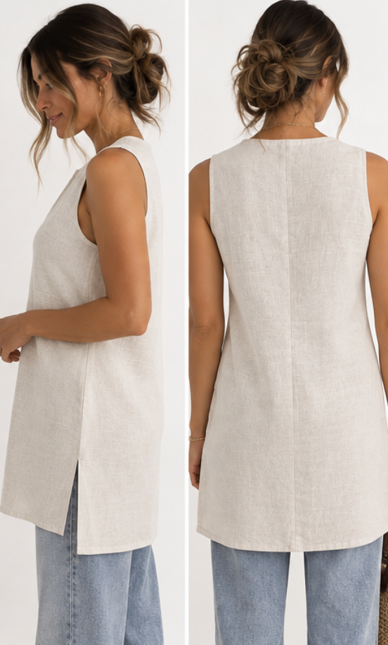 Blusa Larga de Lino Sin Mangas – Beige Natural