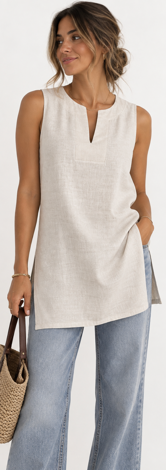 Blusa Larga de Lino Sin Mangas – Beige Natural