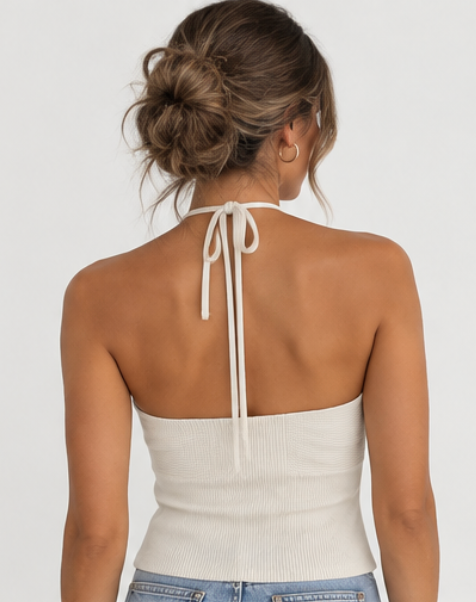 Top Halter Canalé con Abertura – Blanco Crudo